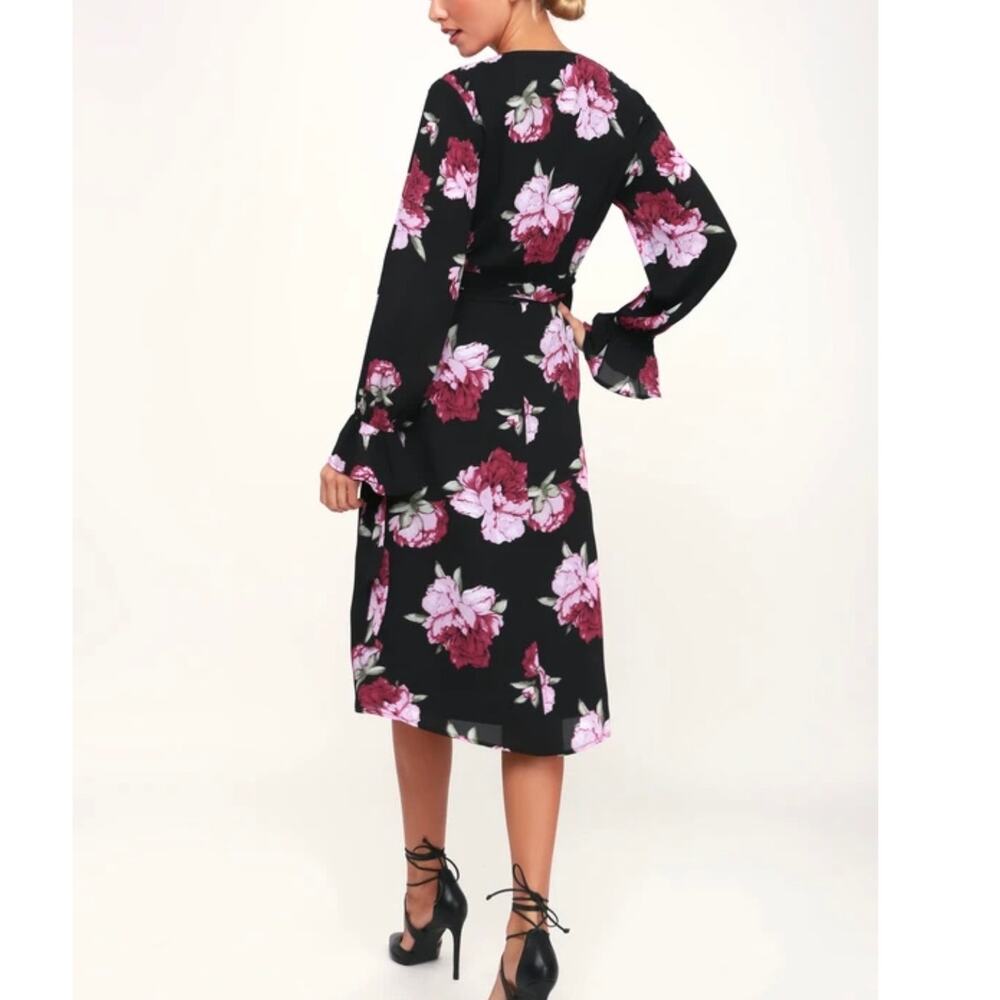 Lulus Romantic Blooms Black Floral Midi Wrap Dress Sz M Plunging Neck Black Pink - Picture 7 of 16